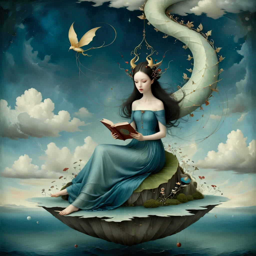 Nicoletta Ceccoli, klimt, Catrin Welz-Stein ,Hieronymus Bosch. Surreal, mysterious, strange, fantastical, fantasy. A woman, long blu octane silk dress, beautiful, soft-eyed, intent on reading sitting on an island suspended in the clouds. around other islands on the clouds, on one a dragon, on others fairy castles, on others winged horses.
