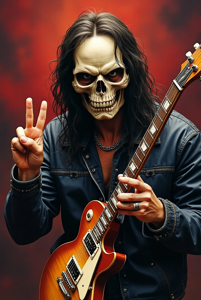 create an image of a scary full-length skull wearing black clothes with a backwards red cap and gold jewelry and a chain with the "TJ" pendant, smoking a cigarette and playing a Les Paul guitar next to a bottle of whiskey almost empty and a Harley Davidson motorcycle, with a wooden house on fire in the background of the image giving a feeling of complete chaos