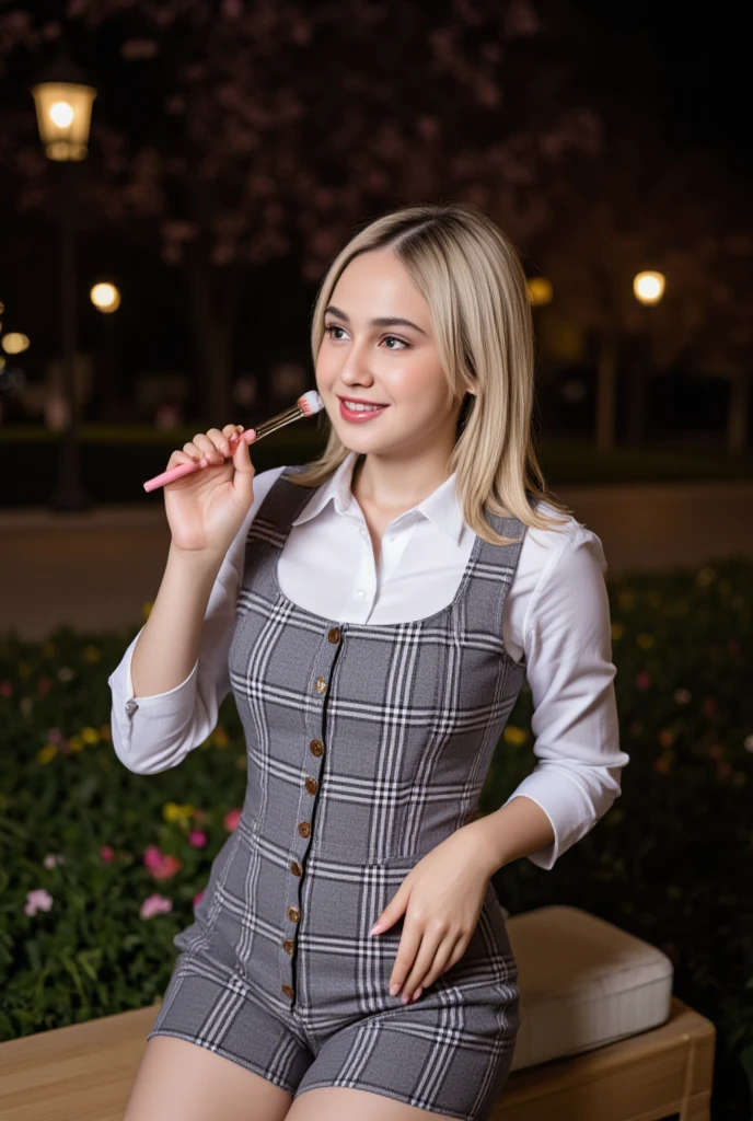 Night time,Dark,  young woman, gray plaid romper, pink brush , 8K, Park, white shirt, wolf hair, Doble layer hair dye, first layer are white, second layer are white, Looking up to see the cherry blossoms, pale solid colour background, cuff, up right pose, static pose, center composition, Sit on the estetic bench,estetic Garden lamp, Flowers, pets, others people,smile