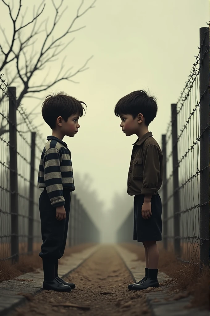Make me a picture about the movie The Boy in the Striped Pajamas. Put striped pajamas on both children.