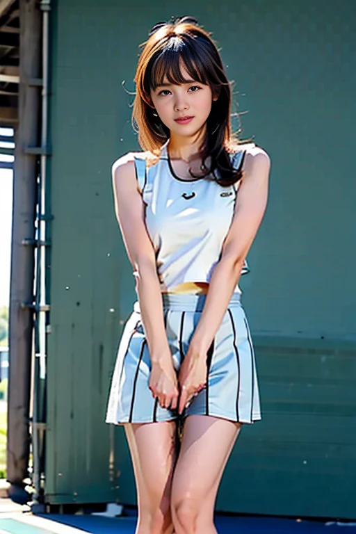 (masterpiece, Highest quality, Realistic, photo-Realistic:1.2), 8k, 超High resolution, High resolution, Ultra high definition, Very detailed, Portraiture, One girl, 17 year old Japanese girl, Detailed face, Fine grain, Pale skin, Fine skin, Tank top, Large Breasts, penis, Chastity belt, Skirt flip, Thighs, Black knee socks, locker room, 