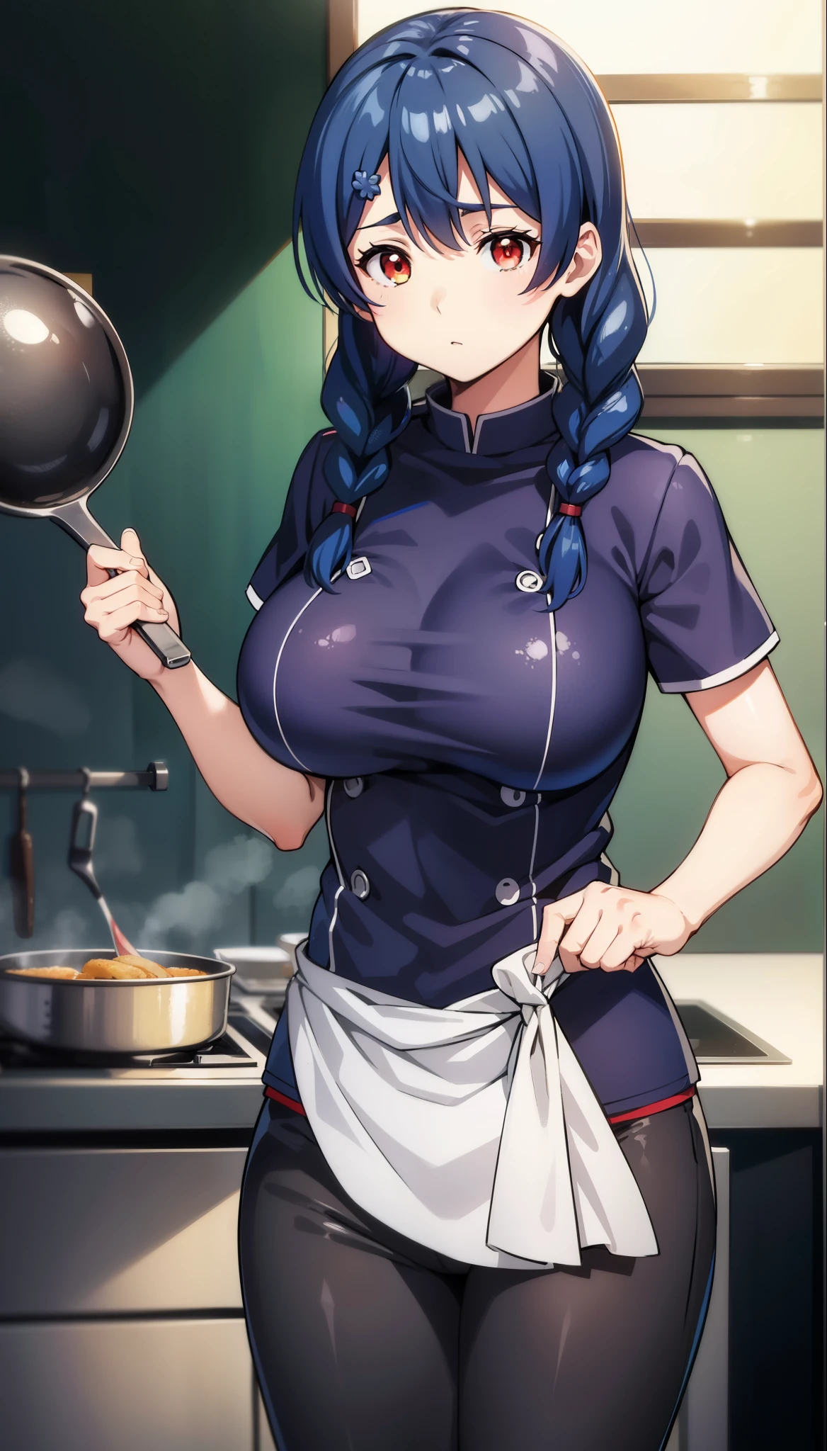 score_9, score_8_up, score_7_up, score_6_up, score_5_up, score_4_up, BREAK source_anime,megumitadokoro, megumi tadokoro, long hair, blue hair, braid, twin braids, BREAK ,Black chef uniform, Black pants,(Red eyes), glowing eyes,Huge breasts,((empty eyes)),Expressionless,(stand up), cowboy shot,frying pan, kitchen, fire, cooking