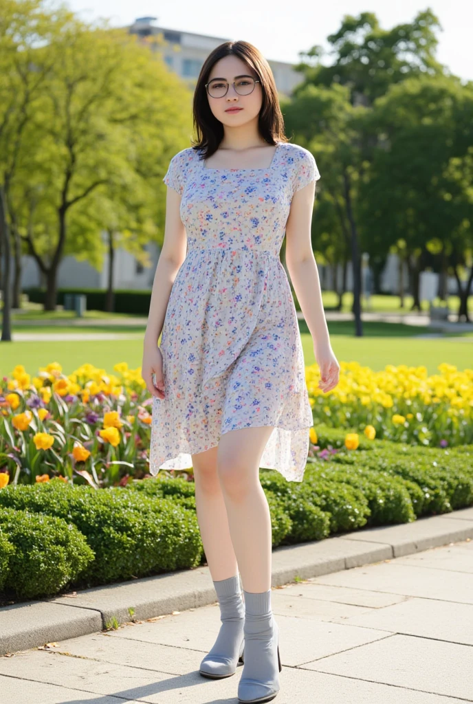 Here's a high-quality prompt for a masterpiece image: A majestic solo female figure stands tall (1.3) in the morning sunlight (1.2) amidst a serene flower park backdrop (1.2). The subject, dressed in an elegant flower patern dress and matching socks, dons stylish glasses and exudes confidence with her striking black hair and piercing gaze (looking at viewer: 1.4). Her flawless face is adorned with a subtle black eye makeup, adding to the overall allure. As she poses (standing: 1.3), the iridescent lighting creates an otherworldly ambiance, while cinematic shadows add depth to the scene. Capture this breathtaking moment in 8K UHD (RAW photo) using a DSLR camera and apply a realistic LUT or cinematic LUT to accentuate the stunning visuals.