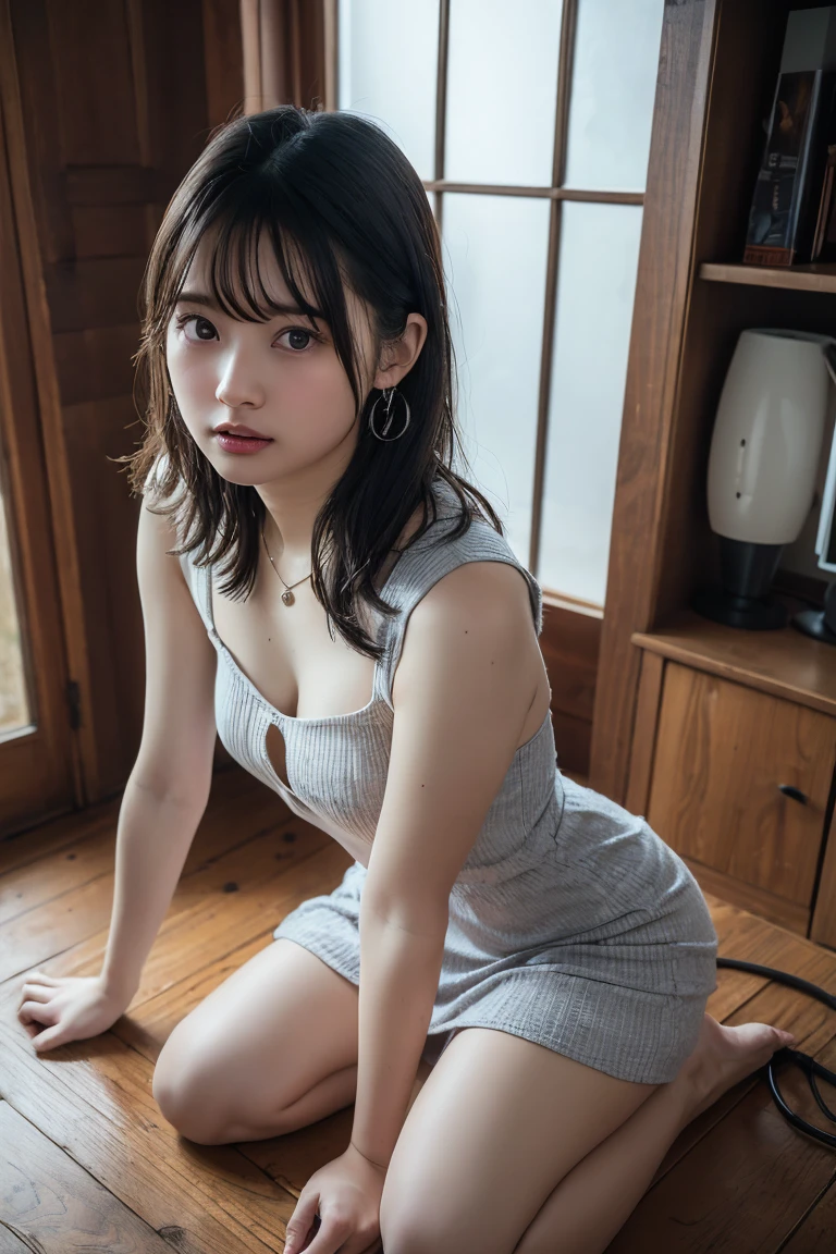 1 girl, Night, Short hair, Elegant, Office Uniform, Short black pencil skirt, Home, Wet, lying on bed