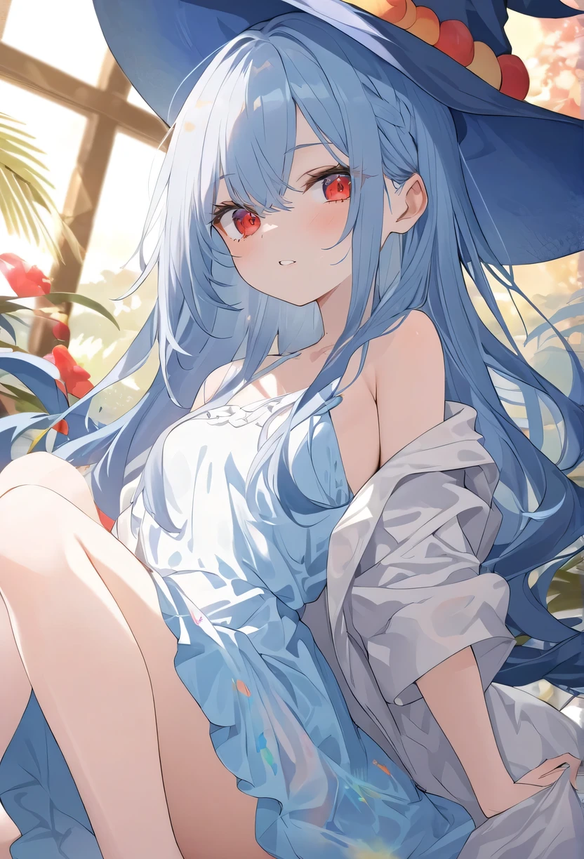 High resolution、Highest quality、Small build、Small shoulders、White skin、Long Hair、thin、sage dq3、kenja sage、 Light blue long hair、Wide open white dress、Circlet、blush、thin太もも、((No underwear、Naked from the waist up、Lying on the ground、Lying on the ground、all fours、down browse、side))、Daytime steppe