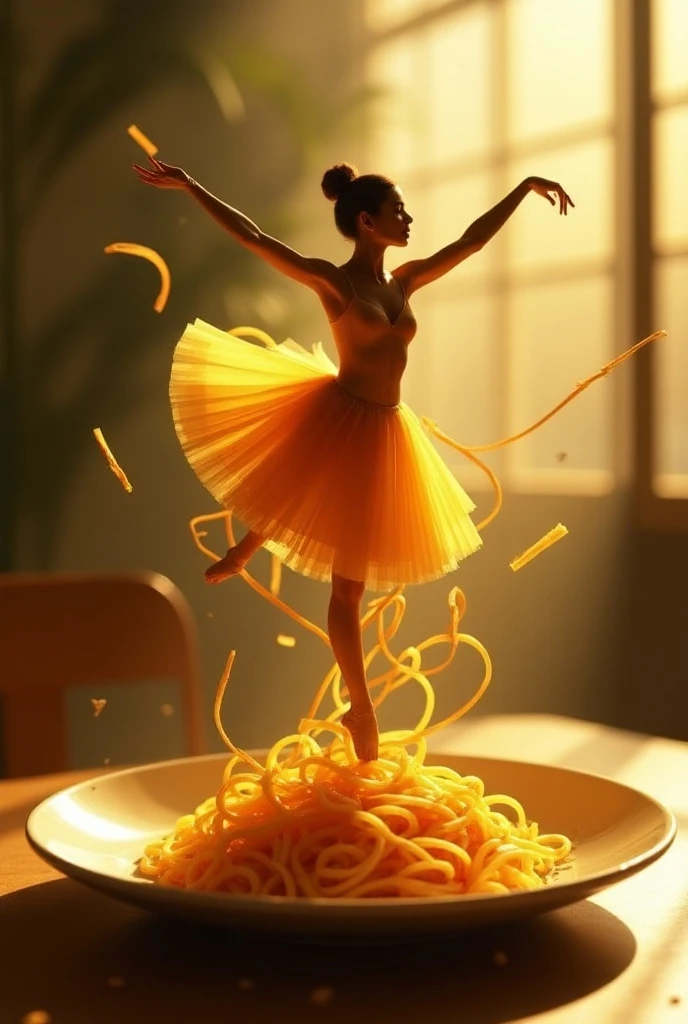 A surrealist dancer, entirely composed of spaghetti, embodies a whimsical and imaginative scene. Her body is intricately crafted from various types of pasta, with her torso resembling twirls of fettuccine and her legs formed from long strands of spaghetti, creating a fluid and organic shape. The dancer's arms extend gracefully, made from delicate spaghetti strands that appear to flow and twist like ribbons in the air.
She is captured in a dynamic ballet pose, perhaps an arabesque, showcasing her balance and poise. The scene features a close-up of a whimsical plate of spaghetti, where a small tree sprouts from the center, symbolizing growth and creativity. The background is a soft blur of pastel colors, enhancing the dreamlike quality of the image.
Dramatic lighting highlights the textures of the pasta, casting playful shadows that dance across the plate. Raindrops glisten around her, adding a touch of magic to the atmosphere. The image is highly detailed, in UHD, 32K, emphasizing the rich colors and textures of the spaghetti and the enchanting environment.
