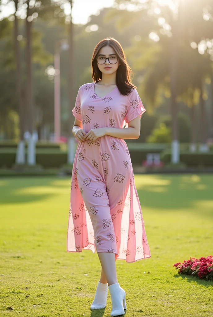 Here's a high-quality prompt for a masterpiece image: A majestic solo female figure stands tall (1.3) in the morning sunlight (1.2) amidst a serene flower park backdrop (1.2). The subject, dressed in an elegant flower patern dress and matching socks, dons stylish glasses and exudes confidence with her striking black hair and piercing gaze (looking at viewer: 1.4). Her flawless face is adorned with a subtle black eye makeup, adding to the overall allure. As she poses (standing: 1.3), the iridescent lighting creates an otherworldly ambiance, while cinematic shadows add depth to the scene. Capture this breathtaking moment in 8K UHD (RAW photo) using a DSLR camera and apply a realistic LUT or cinematic LUT to accentuate the stunning visuals.