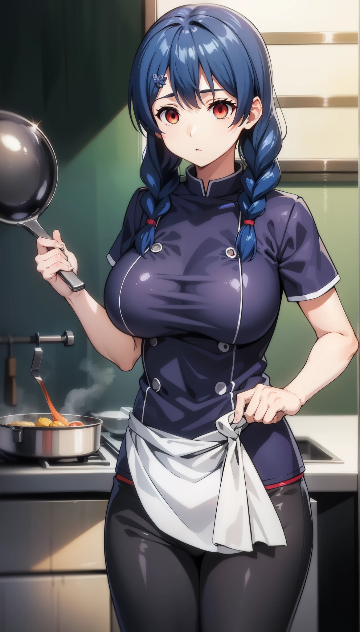 score_9, score_8_up, score_7_up, score_6_up, score_5_up, score_4_up, BREAK source_anime,megumitadokoro, megumi tadokoro, long hair, blue hair, braid, twin braids, BREAK ,Black chef uniform, Black pants,(Red eyes), glowing eyes,Huge breasts,((empty eyes)),Expressionless,(stand up), cowboy shot,frying pan, kitchen, fire, cooking