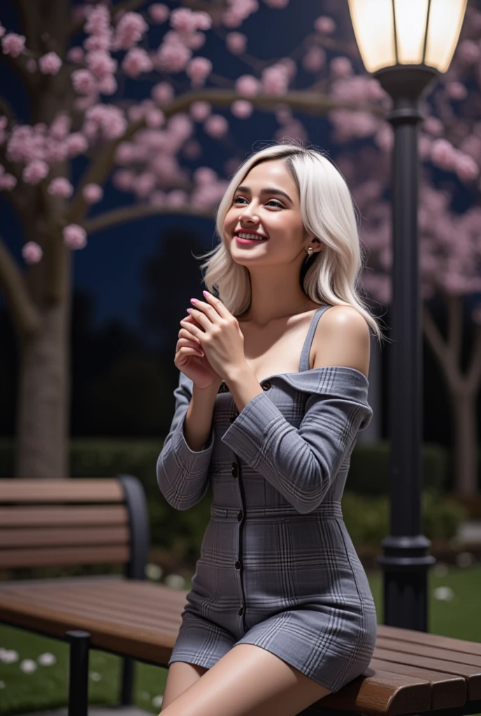 Night time,Dark,  young woman, gray plaid romper, pink brush , 8K, Park, wolf hair, Doble layer hair dye, first layer are white, second layer are white, Looking up to see the cherry blossoms, pale solid colour background, cuff, up right pose, static pose, center composition, Sit on the estetic bench,estetic Garden lamp, Flowers, pets, others people,smile