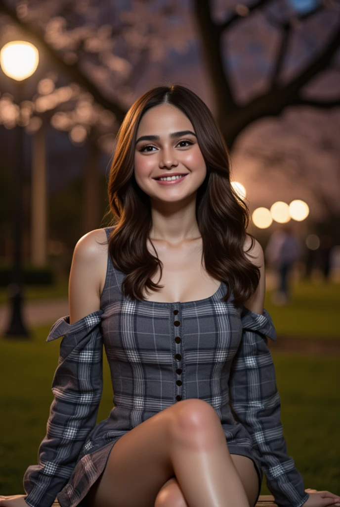 Night time,Dark,  young woman, gray plaid romper, pink brush , 8K, Park, wolf hair, Doble layer hair dye, first layer are white, second layer are white, Looking up to see the cherry blossoms, pale solid colour background, cuff, up right pose, static pose, center composition, Sit on the estetic bench,estetic Garden lamp, Flowers, pets, others people,smile