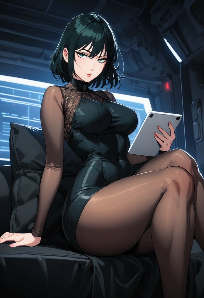 Fubuki,  wearing a short dress, tablet,  nylon pantyhose, seductive leg , exposed hip,  perfect body , big thighs, in this,  sitting with open legs