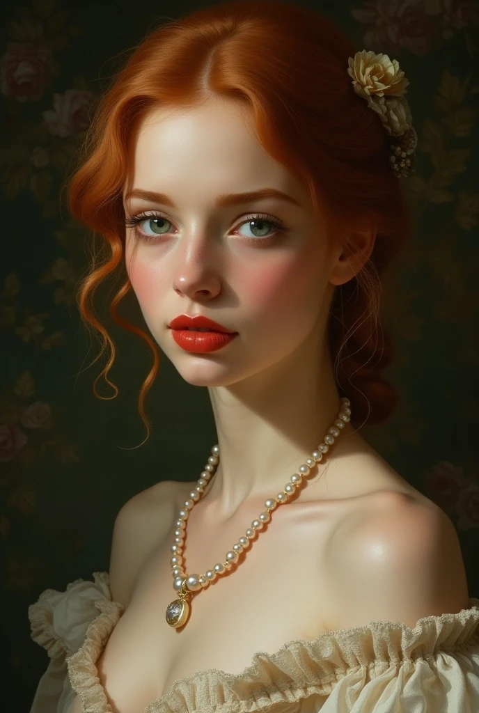 Taki, leaning against a bar , (heavy eyeshadow, red lips), slender, diamond necklace, fantasy art, concept art, delicate features, feminine, copper colored hair in a loose bun, seductive, Chiaroscuro lighting, (style of howard chandler christy:1.0), (charcoal sketch by jean-joseph benjamin-constant:1.3)