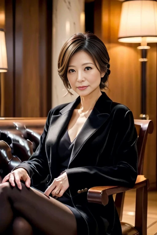 (masterpiece、Best Quality、In 8K、32K、masterpiece、Super huge 、  super high definition 、Impressionism  、Realistic:1.2), Hotel Lobby, Woman in black dress and coat sitting on a chair,  Wearing a Black Luxury Suit ,  Japanese Female Fashion Model, wearing  black coat,  cute elegant pose, Black Robe,  she is wearing a black dress , Gorgeous Japanese Wife , Wearing black clothes, Wearing black clothes, Dressed in all black,  beautiful Japanese women ,  Beautiful Japanese Models,  black coat、45 years old
