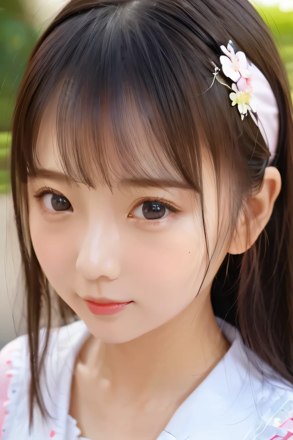 (kawaiipunk:1.2)、(masterpiece、Best Quality、 Super detailed description、 super high definition)、 girl、solo、slim、 slender、cute、 idol face、eye macro shot、 headband、((Face Shot))、 puff up your cheeks