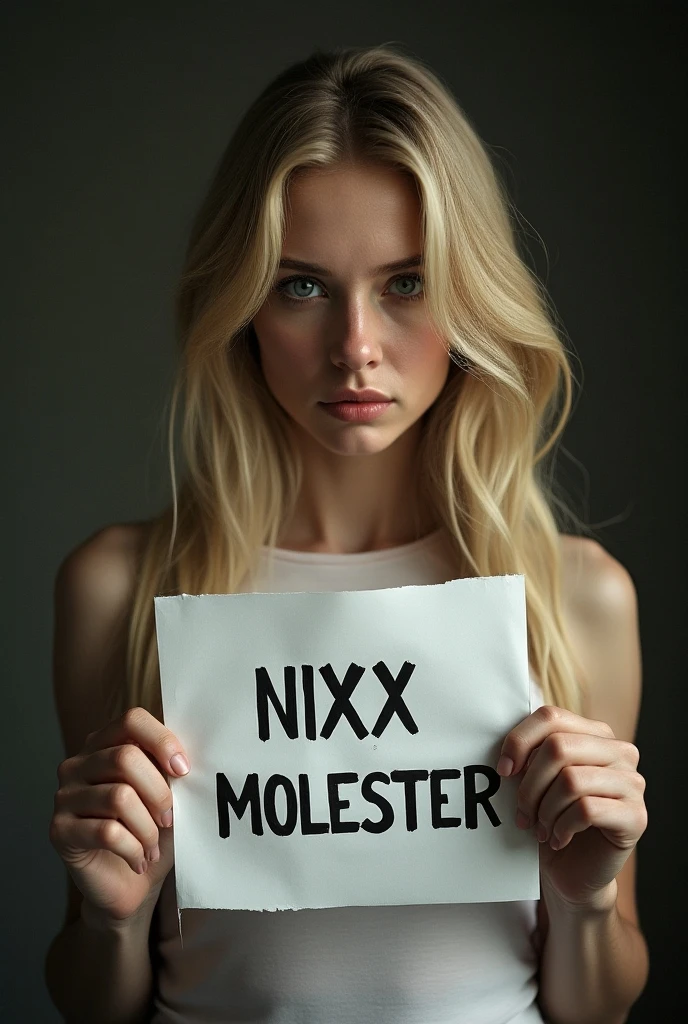 Make a blonde holding a piece of paper written Nixx Molester