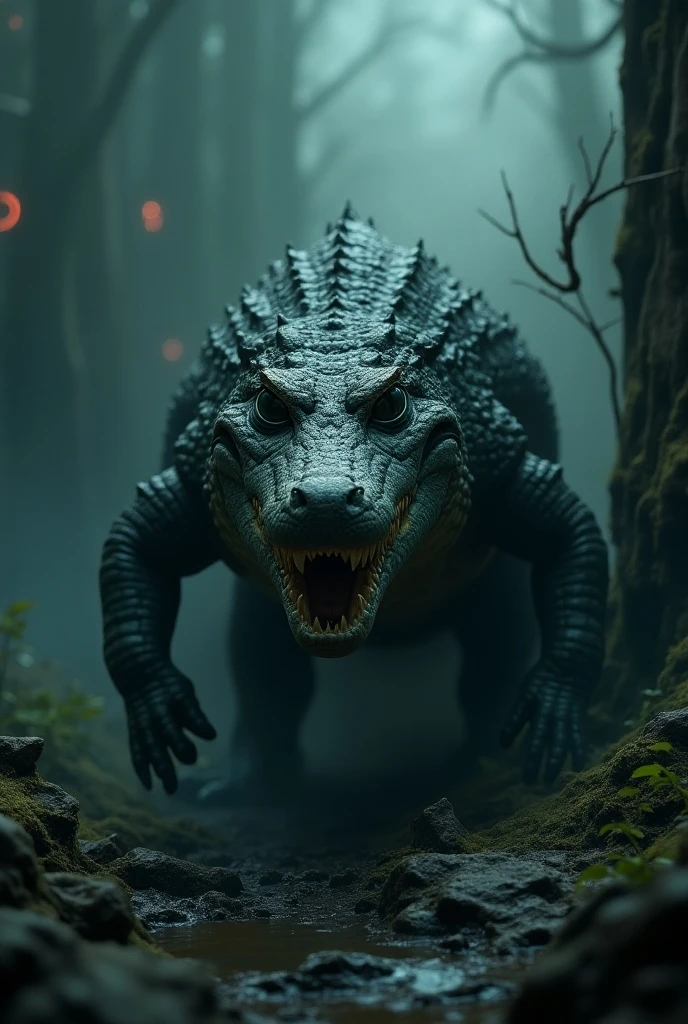 Scary ferocious and giant crocodile in dark river with demonic appearance.