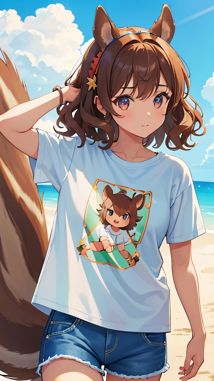 Brown Hair,  Curly Hair,  headband, Very ， short stature ，Squirrel Ears, Little squirrel tail, Art Deco, Sparkle, Symmetric, throw,  anatomically correct,  Wrinkled Skin ,  high detail , Best Quality, Super detailed, (( print t-shirt)), Hawaii, Waikiki Beach, Blue Sky, Denim shorts