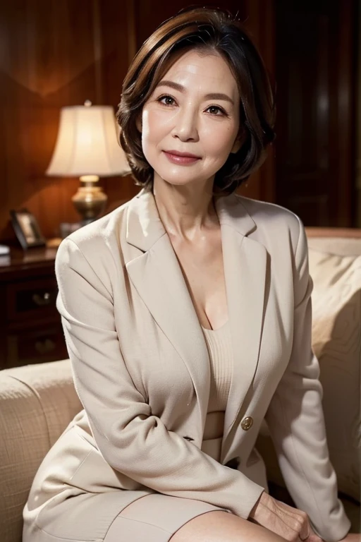 (masterpiece:1.4),(65-year-old woman:1.5),( Facial wrinkles 1 .2),Acne, Thick lips,  gentle smile ,Maternal, mature women,  business suit,  sitting on the sofa 
