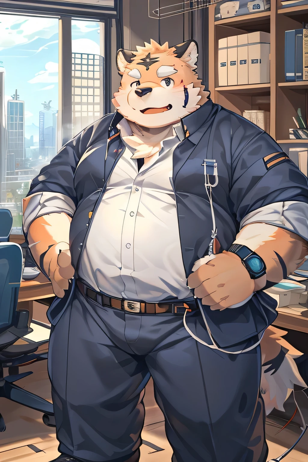 ( by Rusko :1.3),(by Mok_Nameko:1.2),( city week _and others:1.2),(by gammachaos:1.2),(by hyduyad14:1.2),(Author: ZIXiong:1.1),(by Arashi Takemoto),(kemono:1.2),Tiger,Fat,(chubby),White eyebrows,band othersue eyes,(Gray Hair:0.8)sweat,( orange fur :1.1),suit、 office worker