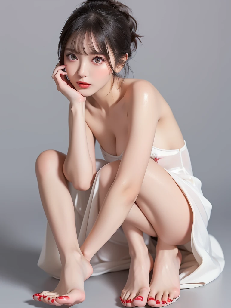  girl, bangs,(wacky dress :1.3,Fantastic dress:1.1),  gray background,  hair between eyes , Big Breasts,   viewer,  open lips, red eyes,   simple background, Alone,((Creative hairstyle)),(shiny skin),(masterpiece:1.4),(Best Quality:1.4),Red lips,((( detailed face,Clear Face, full body shot,Even your feet are visible))),( detailed face,detailed expression)