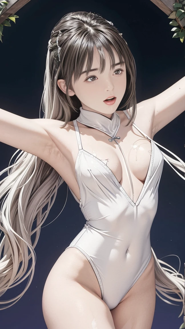 (masterpiece, best quality:1.4), (photo realistic), (good anatomy), (good hands), (good fingers), dark gray background, young girl, beautiful thin and transparentwhite ballet suit, accentuate your waistline, emphasis on flexibility, white pantyhose,