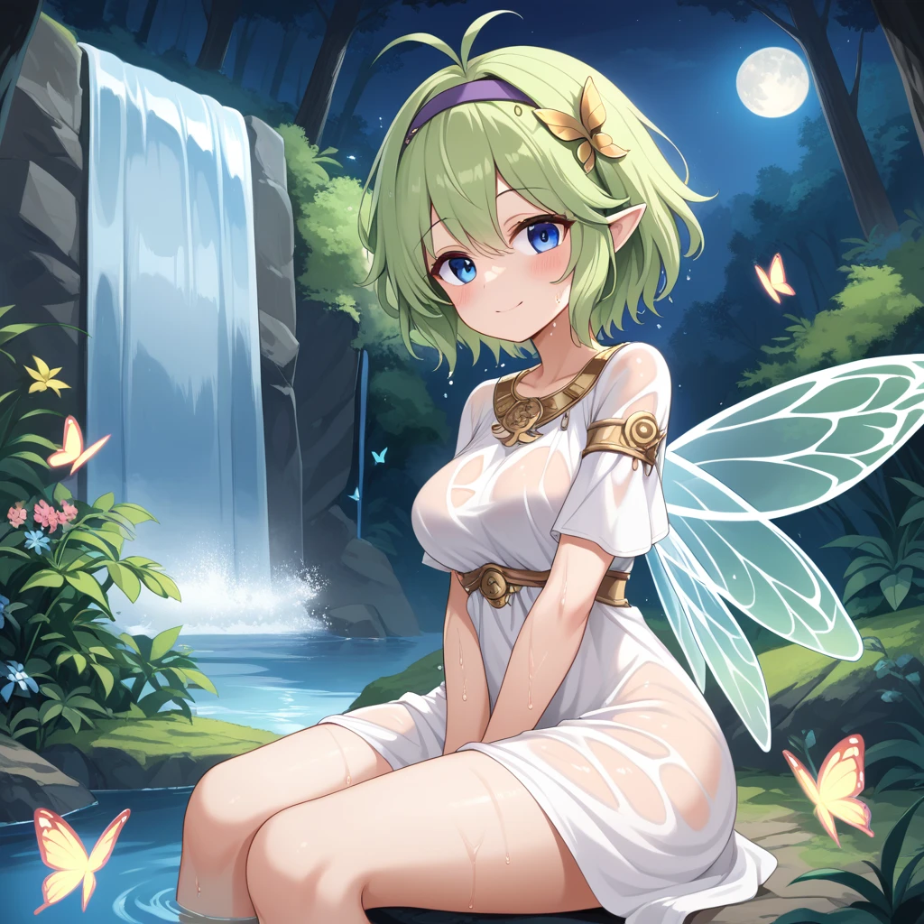 score_9, score_8_up

(masterpiece), best quality, expressive eyes, perfect face, perfect thighs, perfect anatomy, perfect breasts, perfect eyes, medium breasts, perfect thighs, perfect hips,

ninoss, blue eyes, green hair, short hair, antenna hair, purple hairband, hair ornament, greek clotches, greek goddess, white tunic, see-through, waterfall, behind waterfall, inside waterfall, wet clothes, inside water, smile, blush, moon, night sky, butterflies, forest, flowers,   fairy wings, sitting, on side