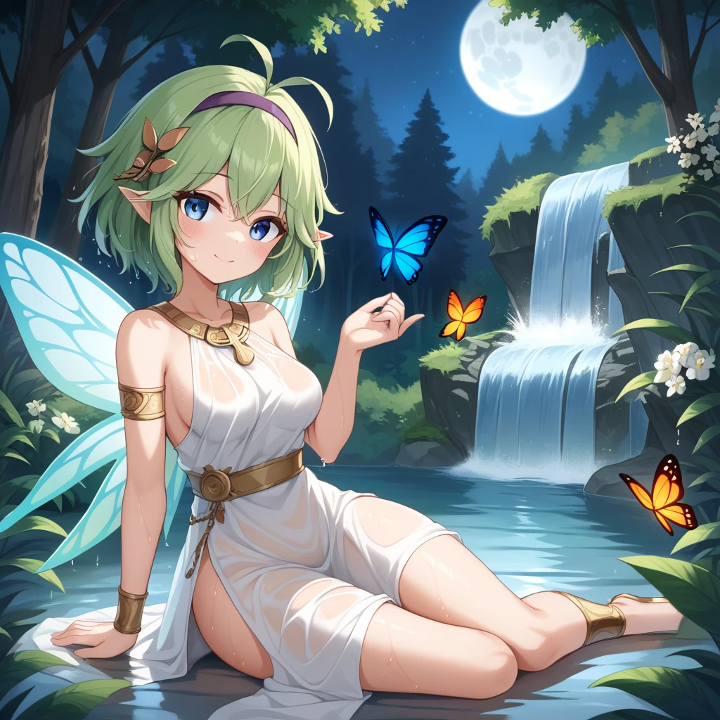 score_9, score_8_up

(masterpiece), best quality, expressive eyes, perfect face, perfect thighs, perfect anatomy, perfect breasts, perfect eyes, medium breasts, perfect thighs, perfect hips,

ninoss, blue eyes, green hair, short hair, antenna hair, purple hairband, hair ornament, greek clotches, greek goddess, white tunic, see-through, waterfall, behind waterfall, inside waterfall, wet clothes, inside water, smile, blush, moon, night sky, butterflies, forest, flowers,   fairy wings, sitting, on side