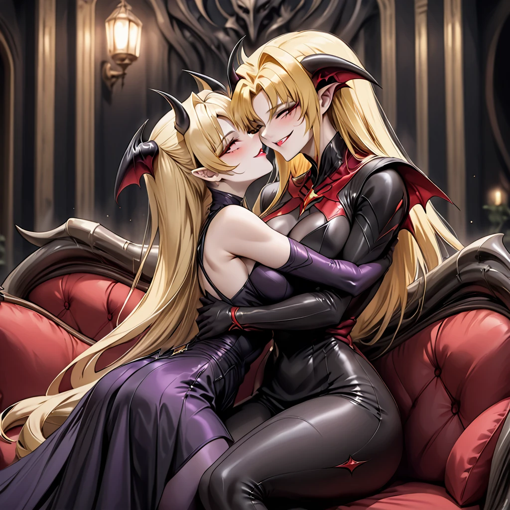  Demon Queen of the Demon Realm is a beautiful blonde Fate Testarossa, wears a gorgeous and attractive demon dress from the Demon World, and they hug and kiss each other on a gorgeous sofa with a great variant of Devil King、((Best Quality)), ((masterpiece)), ( Details), （ perfect face）,Devil's Woman is a Fate Testarossa with excellent proportions and is finished as the Demon Queen of the Demon Family in a mansion in the Demon Realm 、The woman is smiling gently