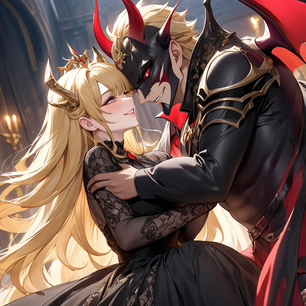 ((Highest quality)), ((masterpiece)), (detailed), (Perfect Face)、The woman is Princess Leona having sex, with medium-long light brown hair, wearing a shiny, flashy, sexy, revealing black dress bodysuit, an open-front skirt, a cape and a headgear, and is an evil female executive who is embracing and hugging a man who is the dignified demon lord of an evil organization.、Women are brainwashed, expressionless, and have no highlights in their eyes.、The woman is being held close by a powerful demon lord of an evil organization, who is kissing her.、A powerful demon king of an evil organization is sitting on a luxurious sofa, embracing and kissing a woman and showing her affection.