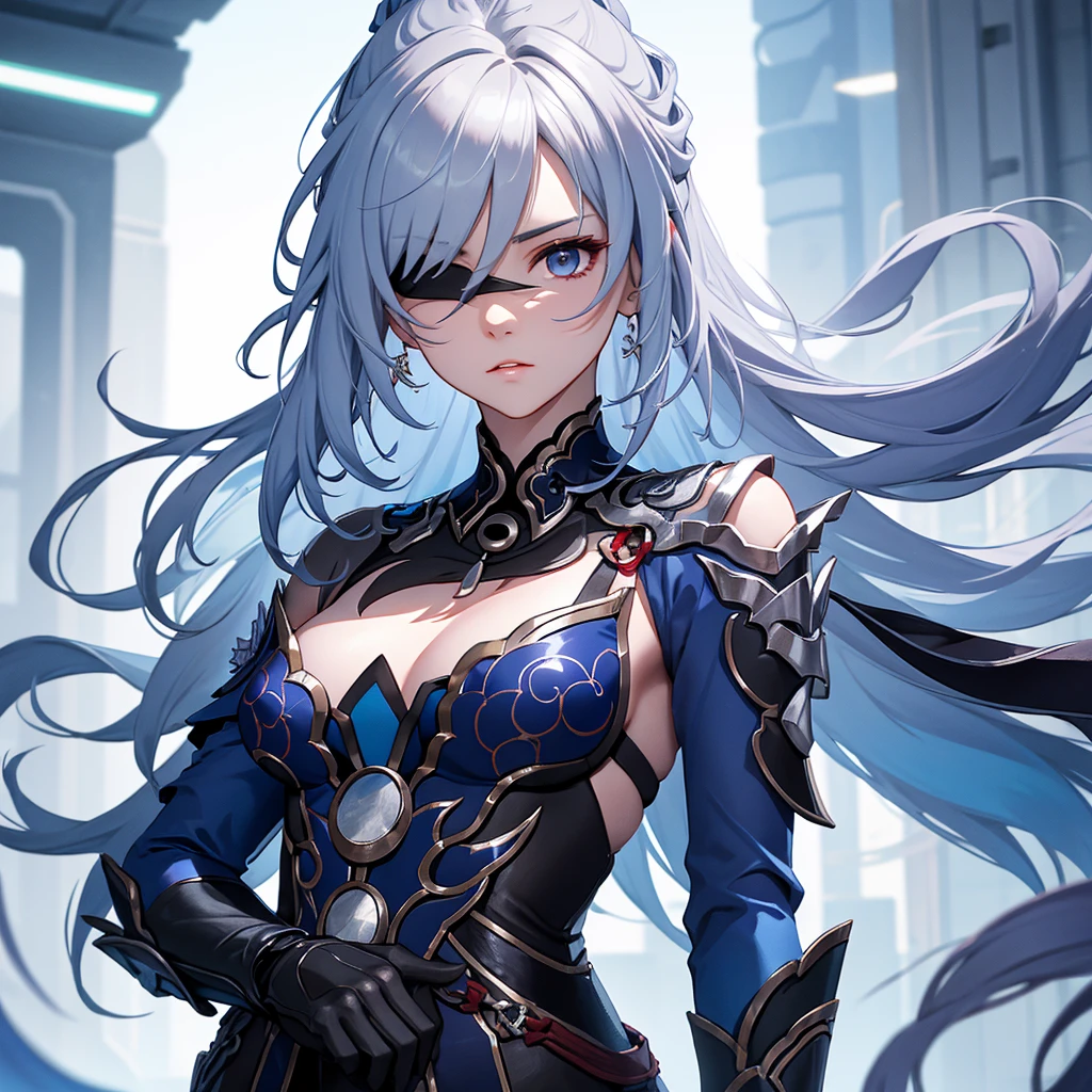 Character similar to Jingliu from Star Rail ,  must have a black blindfold on its eyes . Futuristic RPG scenario .  Make the character with the body of an older woman.