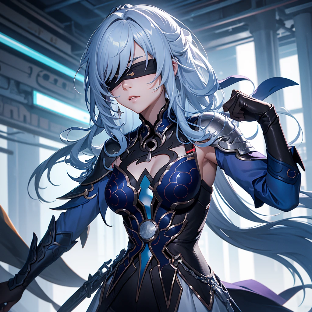 Character similar to Jingliu from Star Rail ,  must have a black blindfold on its eyes . Futuristic RPG scenario .  Make the character with the body of an older woman.