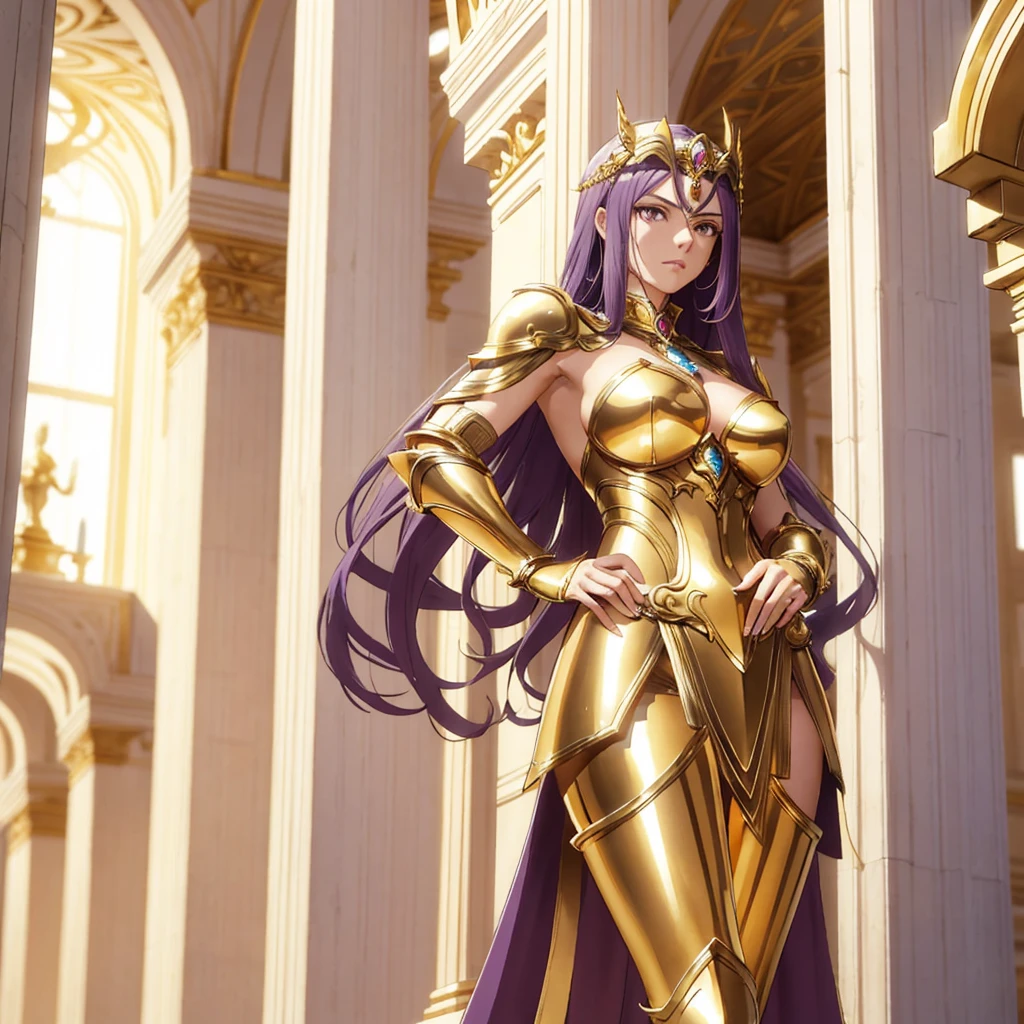 masterpiece, best quality, high quality, elf, long hair, pale hair, yellow eyes, purple skin, deep blue cape with golden ornaments (1solofemale full body standing straight symmetrical, hands on hips) slave with stocks