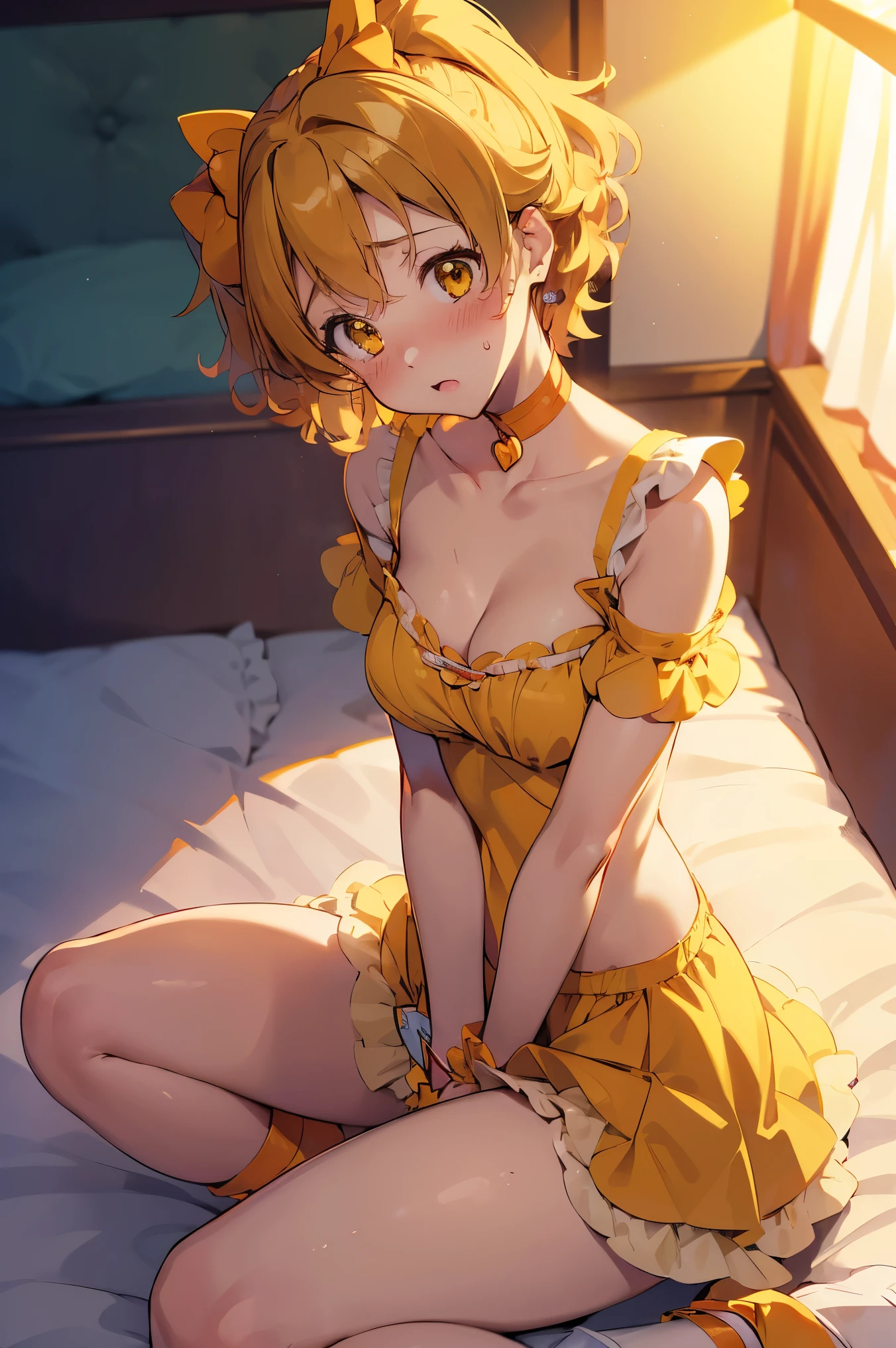 NSFW,masterpiece,Best Quality, high resolution on down, very detailed,Cure Pine \( Pretty Cure\), one side up 、 short hair、 hair bow、Frills、Short sleeve、Wrist cuffs、 orange choker、orange boots 、Yellow Skirt,High quality panties,(Embarrassed:1.5),( shy:1.5),(Nightlife:1.5),( bedroom:1.5),( Kudelia Aina Bernstein :1.5)