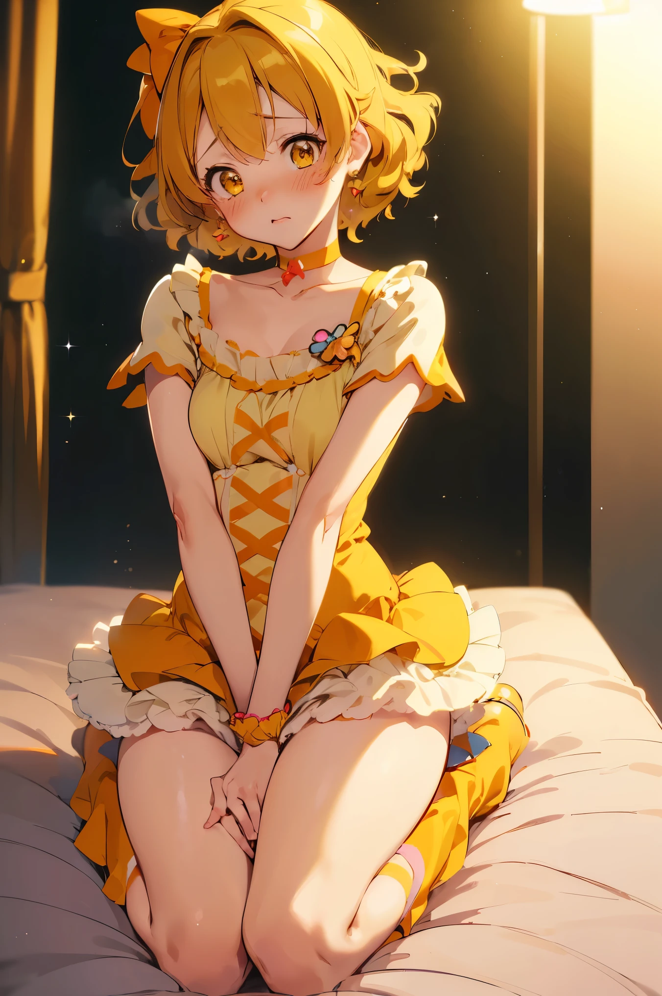 NSFW,masterpiece,Best Quality, high resolution on down, very detailed,Cure Pine \( Pretty Cure\), one side up 、 short hair、 hair bow、Frills、Short sleeve、Wrist cuffs、 orange choker、orange boots 、Yellow Skirt,High quality panties,(Embarrassed:1.5),( shy:1.5),(Nightlife:1.5),( bedroom:1.5),( Kudelia Aina Bernstein :1.5)