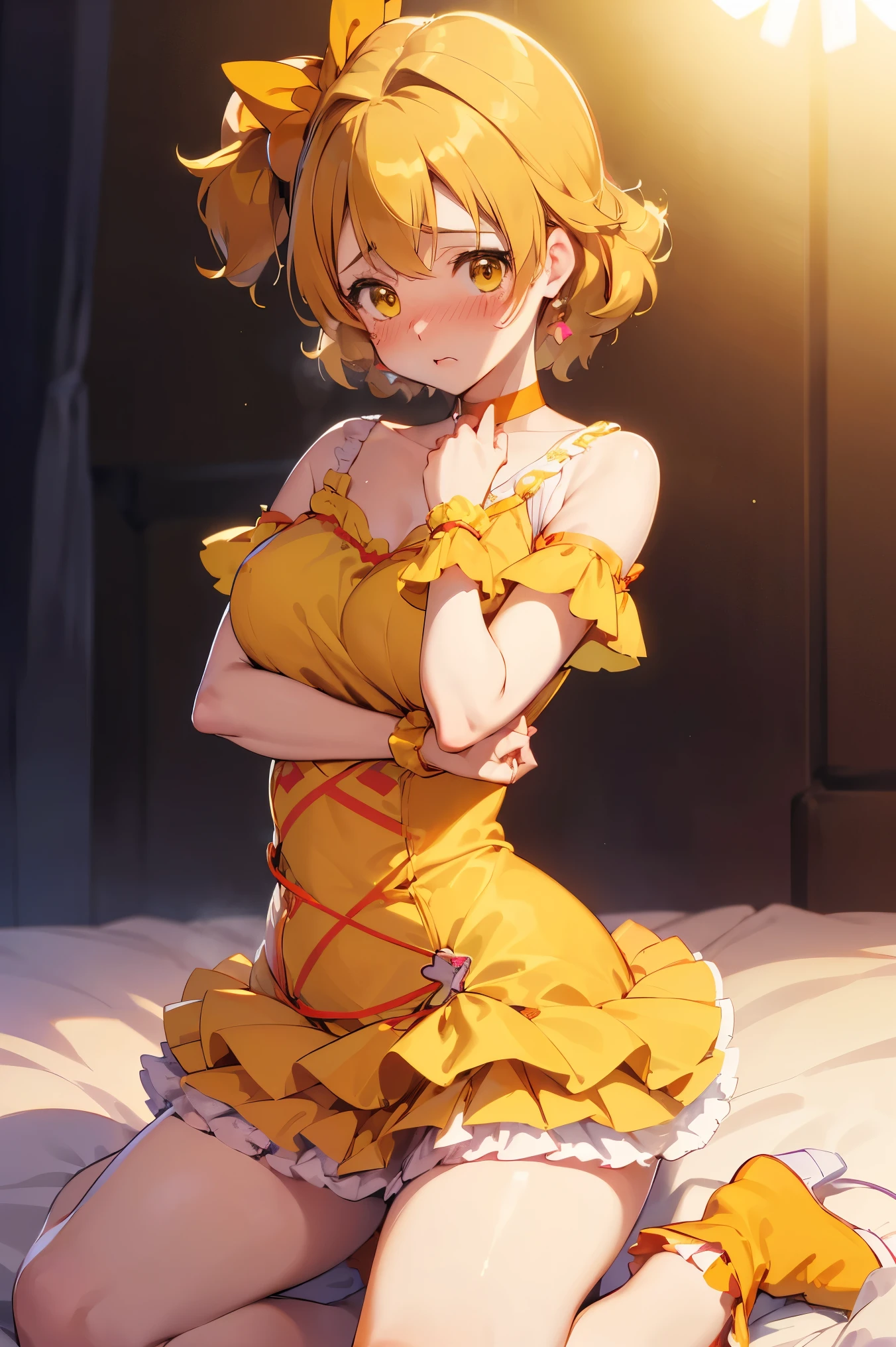 (masterpiece),(best quality),(ultra-detailed),(best illustration),(best shadow),(absurdres),(detailed background),(very aesthetic),1girl,solo,cure pine,precure, one side up, short hair, hair ribbon, frills, short sleeves, wrist cuffs, orange choker, orange boots, yellow skirt,, navel, in bedroom, NTRGAO, empty eyes, half-closed eyes, evil smile, no pupils, crazy smile, open mouth, 1girl, milf, married woman, dark magical girl,(skirt lift:1.5)