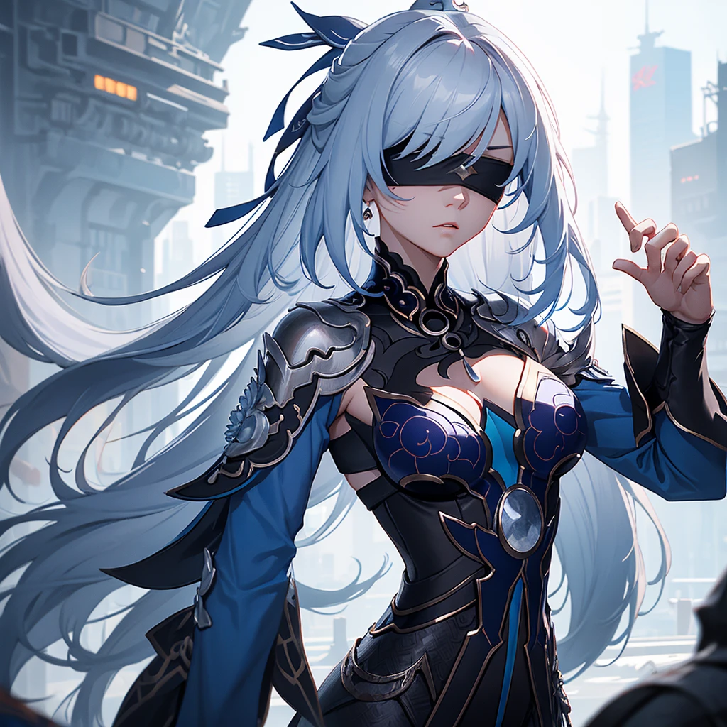 Character similar to Jingliu from Star Rail ,  must have a black blindfold on its eyes . Convinced face. Futuristic RPG scenario .  Make the character with the body of an older woman.