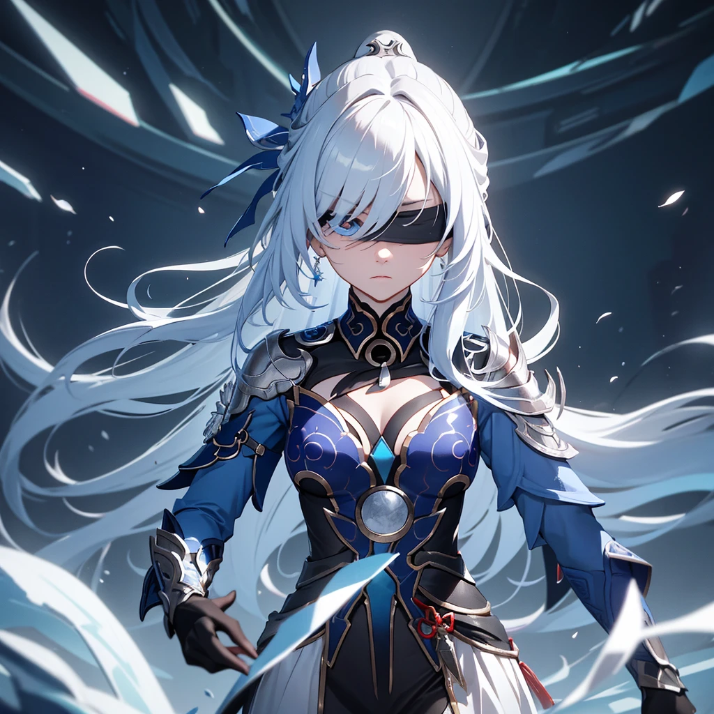 Character similar to Jingliu from Star Rail ,  must have a black blindfold on its eyes . Convinced face. Futuristic RPG scenario .  Make the character with the body of an older woman.