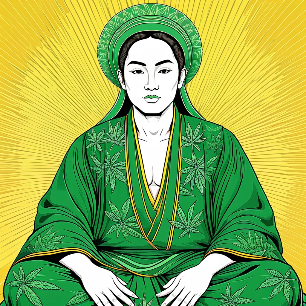  best quality , masterpiece,   cannabis-themed  , intricate,  plain background,   detailed face,  full body , (contour:1.2), (pop art:1.3), linear drawing, , , 1 , sitting, Hanfu, ski style,, ,  