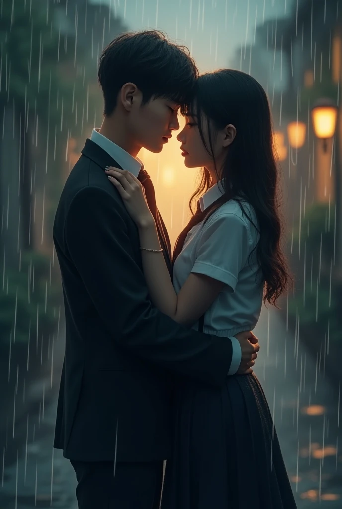 realistic art, there are (woman with large round breast wearing black luxury bra) and her (((handsome muscular short hair masculine alpha male boyfriend))) in a indonesian school uniform hugging in the rain, ((wet messy shirt show black bra under shirt)), wet skirt, pretty girl at school field, raining, thai girl, raining award winning photo, school girl, at evening, wet from rain, rainy wet, beautifull , hand behind head, masterpiece, best quality:1.2),,(8k,highres,RAW photo,realistic,photo-realistic:1.3),(detailed skin texture,detailed cloth texture,beautiful detailed face:1.25),professional lighting,photon mapping,beautiful soft light,radiosity,physically-based rendering,raytracing, model shoot style, model shoot style, (extremely detailed CG unity 8k wallpaper), full shot body photo of the most beautiful artwork in the world, ((nsfw))
