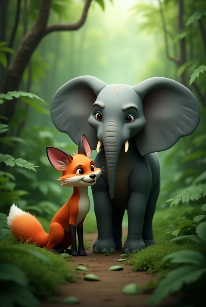 The fox tried to cut the elephant's skin with his teeth but couldn't.