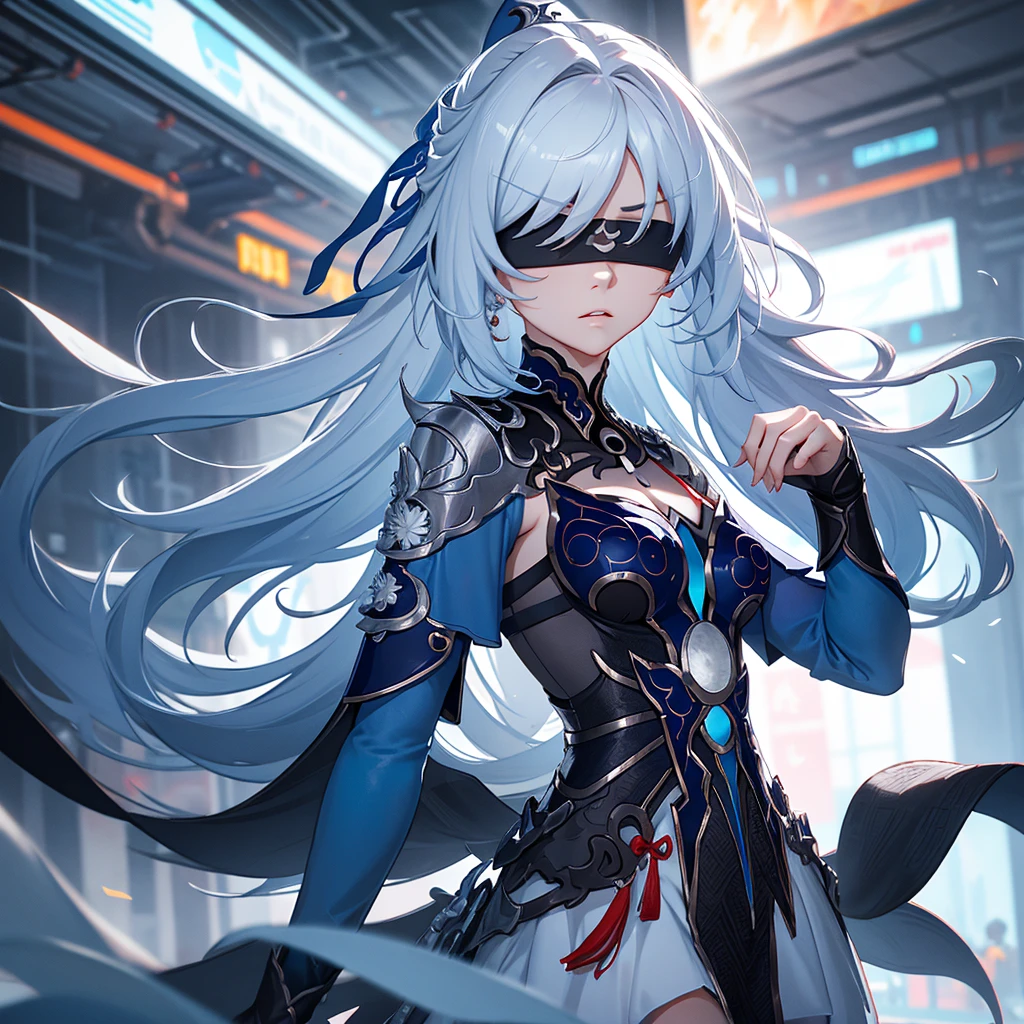 Character similar to Jingliu from Star Rail ,  must have a black blindfold on its eyes . Convinced face. Futuristic RPG scenario .  Make the character with the body of an older woman.