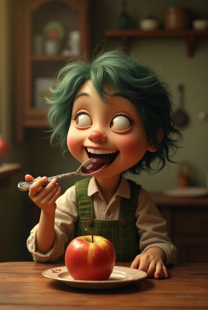 blue hair, short hair, eats potatoes