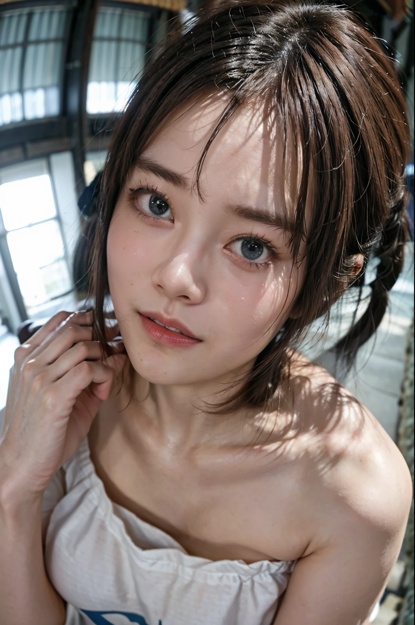 Highest quality, masterpiece, Ultra-high resolution,8k, (Realistic:1.6), (Close-up portrait:1.4) RAW Photos,((Tank top running wear)),((Nipples seem to be visible)),((Full body photo)),1 person,Omotesando,A slender adult 26-year-old woman,(Full of smiles, )) ,((Ponytail and Hair Tie)),((NEW ERA CAP)),((Looking up at the audience)),Face Focus:1.4,((Shooting from above with a fisheye lens:1.4)),