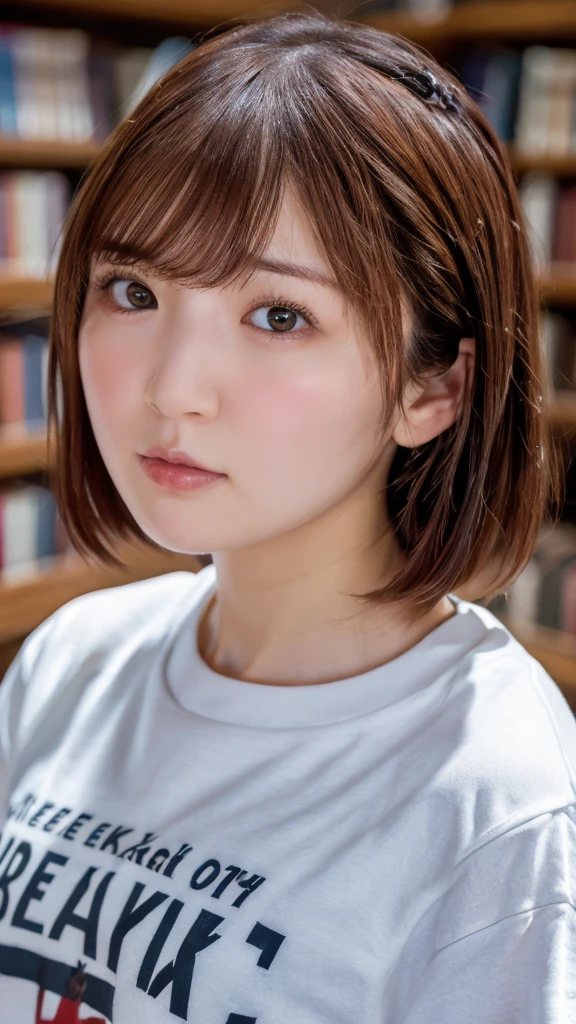 one girl, (a beauty girl, Delicate girl:1.3), (:1.3),
break, (library:1.2), (t-shirt:1.2),
break, Extremely fine resolution, (Symmetrical eyes:1.3),
break, Small breasts, Brown eyes, Parted bangs, Brown Hair,  girl,
break, (Eye and facial details:1.0), (Get closer to your face, Zoom in on the face, Face Focus:1.0),
break, (masterpiece, Please redeem, Super detailed, Detailed face, 8k)、From above、short hair