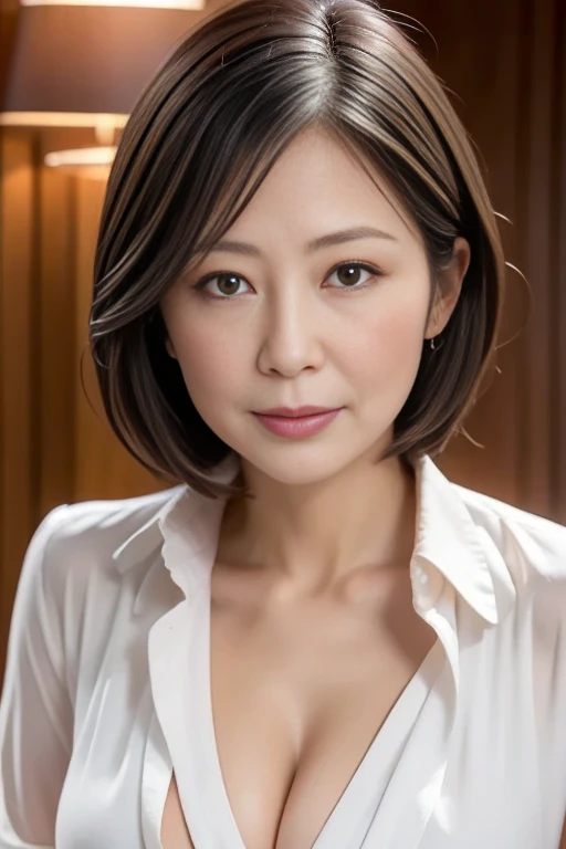  plump bust,  showing cleavage , Increased hair growth,  hair getting thicker  ,High cheekbones, Fuller lips,  wider mouth ,  deeper dimples , Shorter nose ,  white formal business shirt, Oblique eyes,  cleavage is less noticeable  , small eyes, 55 years old,  short hair
