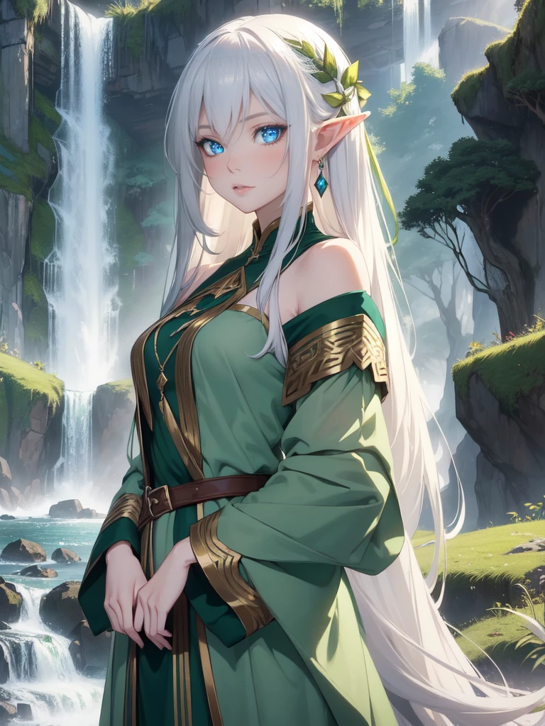 masterpiece, superb painting, illustration, 1 girl, cute, (dynamic light: 1.2), cinematic light, delicate facial features, (beautiful eyes: 1.2), (bright green eyes: 1.233), waterfall braid, extra long white hair, elf ears, depth of field, background bokeh, clear focus, (super detailed, halo, glow: 1.4), long white hair, beautiful girly face, fair, medium, (bare shoulders: 1.1), (nude: 1.1), dress, trimmed white, delicate gorgeous, (slit sleeves, wide sleeves), leafy green hairpin