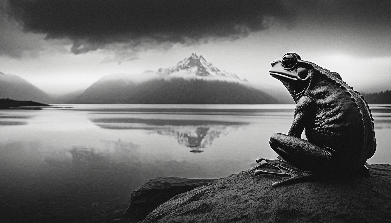 blackmetal style, xerox, black and white, cloudy black sky, central religious frog, mountains in the distance, fog, water below,
