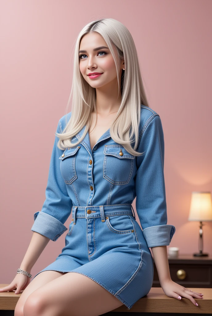 a young woman, jeans romper, 8K, Park, wolf hair, Doble layer hair dye, first layer are white, second layer are white, Looking up to see the cherry blossoms, pale solid colour background, cuff, up right pose, static pose, center composition, Sit on the estetic bench,estetic Garden lamp, Flowers, pets, others people,smile