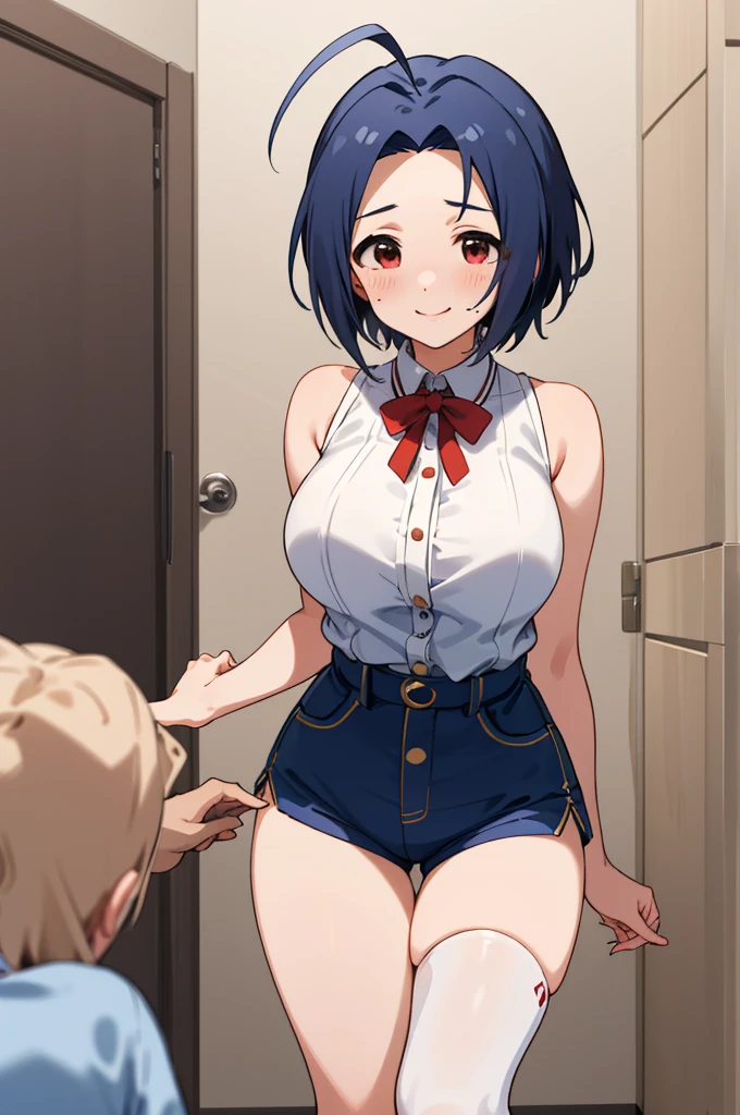 masterpiece, Best Quality,  high resolution on down, Aaazusa,  short hair, Ahoge,  split bangs ,  sleeveless, High Waist Shorts , thigh high socks smile,  My Room, (trembling:1.2),Big Breasts, super detailed depiction of viewers watching , close　crowd　 sex