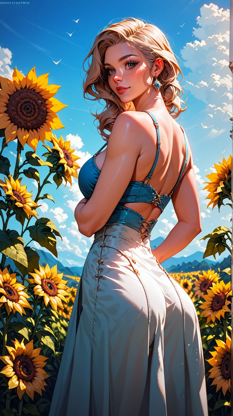 Summer landscape, a beautiful girl stands in a sunflower field.